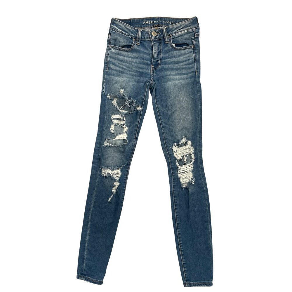 American Eagle Women’s Size 2 Distressed Skinny Jeans Next Level Stretch Blue